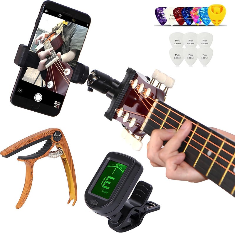 RockCheems Guitar Accessories for Beginners - 1 Ukulele Bass Guitar Phone Holder for Live Broadcast Video Recording,1 Guitar Capo, 1 Guitar Tuner With Guitar Picks - Image 1